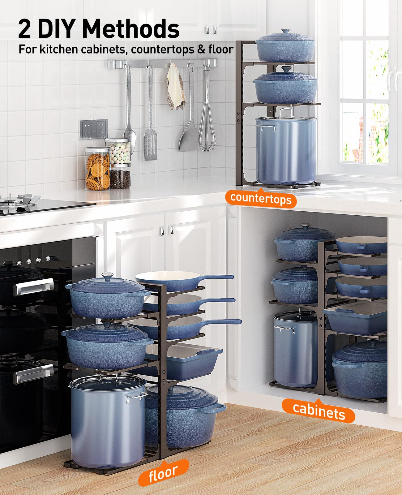 ORDORA Pots and Pans Organizer for Cabinet 16.61 Height, 8 Tier Pot Organizers Rack with 3 DIY Methods, Adjustable Pan Organizer under Cabinet Kitchen Organization and Storage