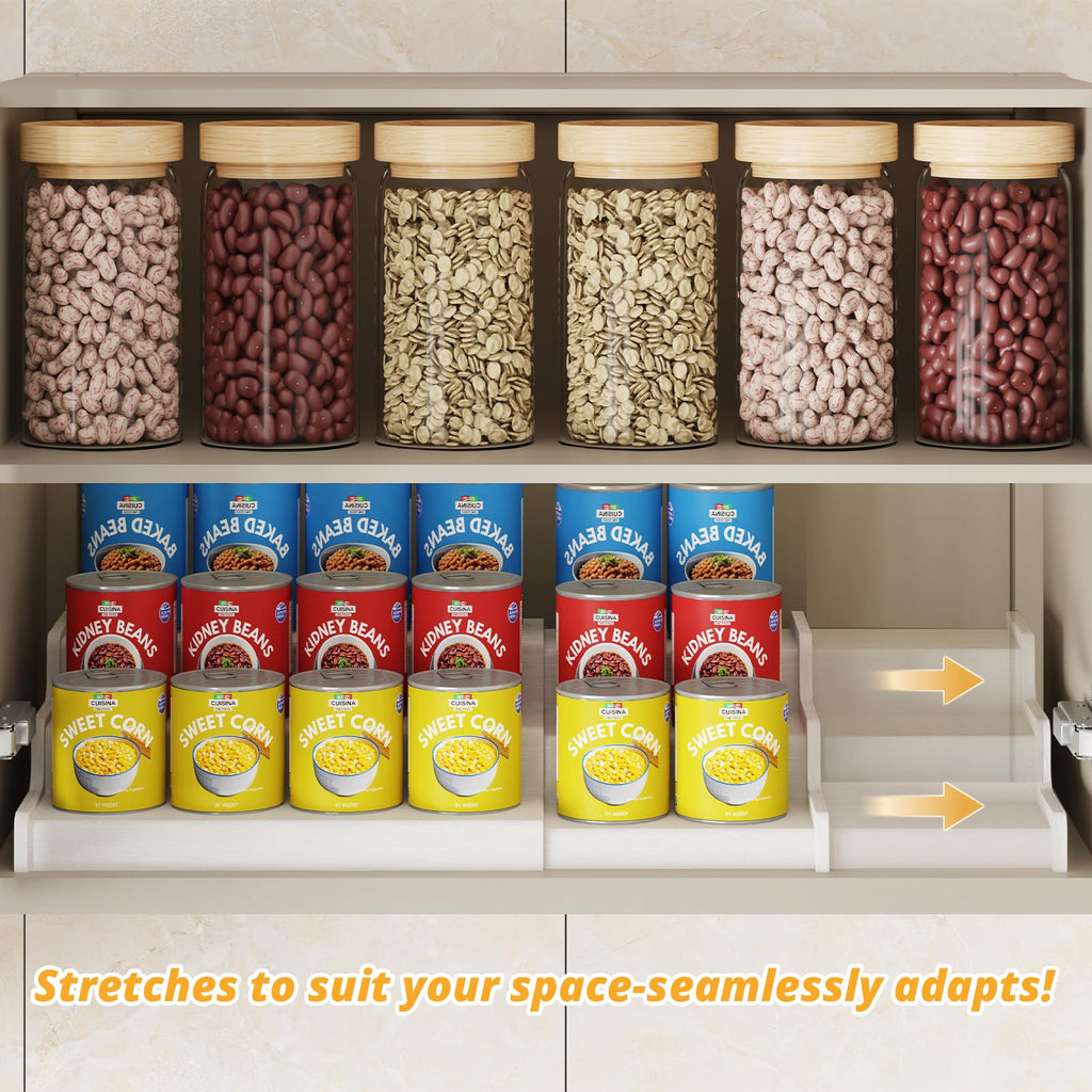 Expandable Bamboo Can Rack Organizer, 3-Tier Adjustable Pantry Storage, Can Holder for Kitchen & Pantry, Canned Food Soda Organizer, Holds Up to 24 Cans, Black (Patent Pending)