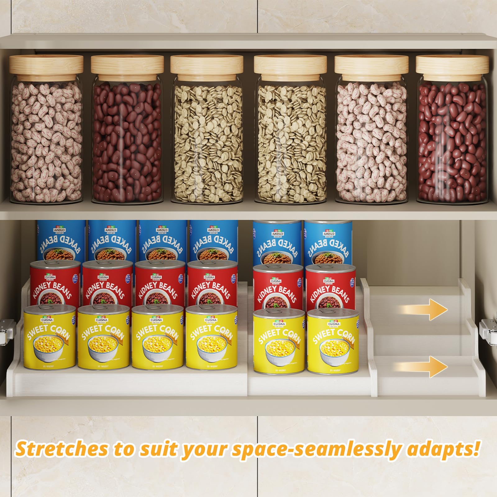 Expandable Bamboo Can Rack Organizer, 3-Tier Adjustable Pantry Storage, Can Holder for Kitchen & Pantry, Canned Food Soda Organizer, Holds Up to 24 Cans, Black (Patent Pending)