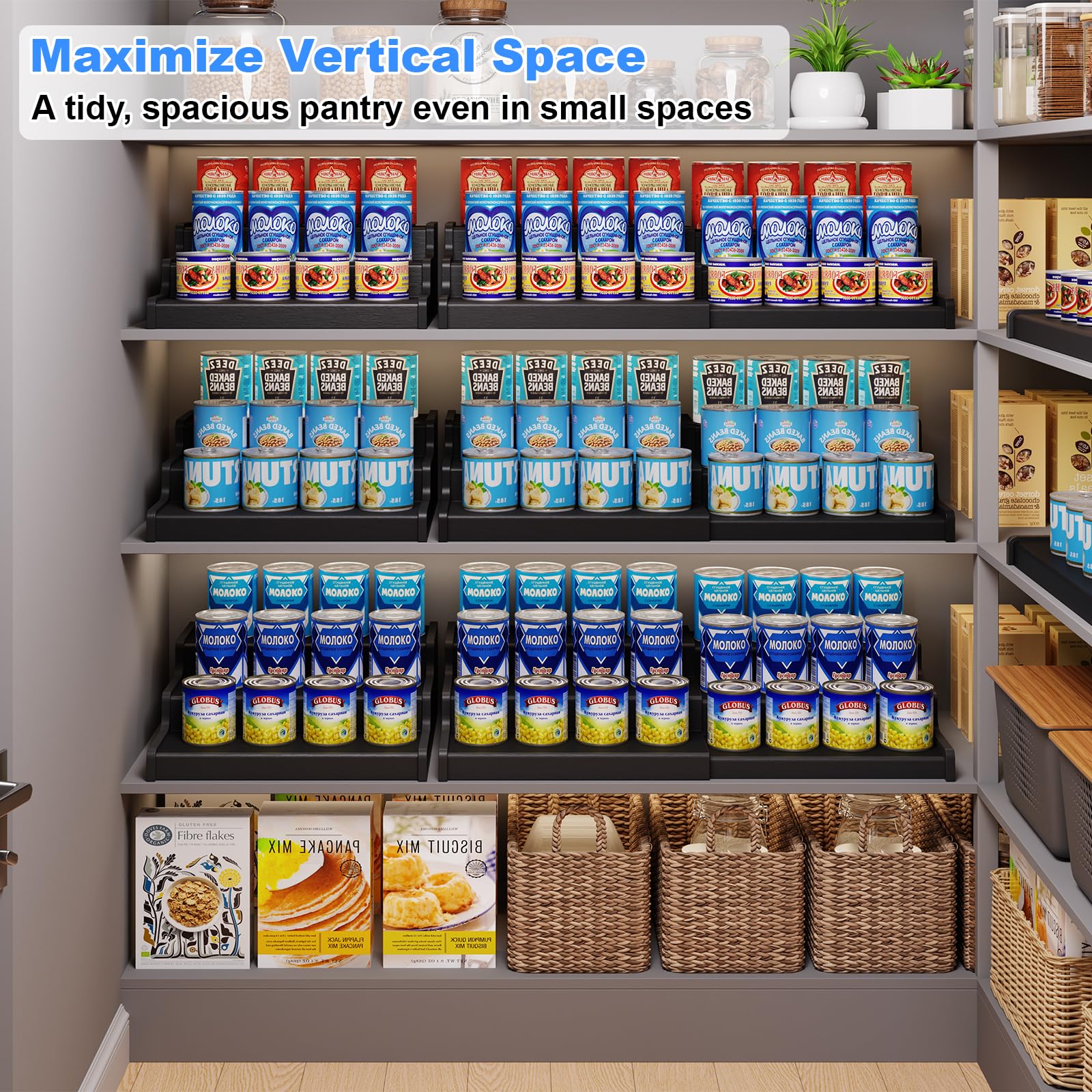 Expandable Bamboo Can Rack Organizer, 3-Tier Adjustable Pantry Storage, Can Holder for Kitchen & Pantry, Canned Food Soda Organizer, Holds Up to 24 Cans, Black (Patent Pending)