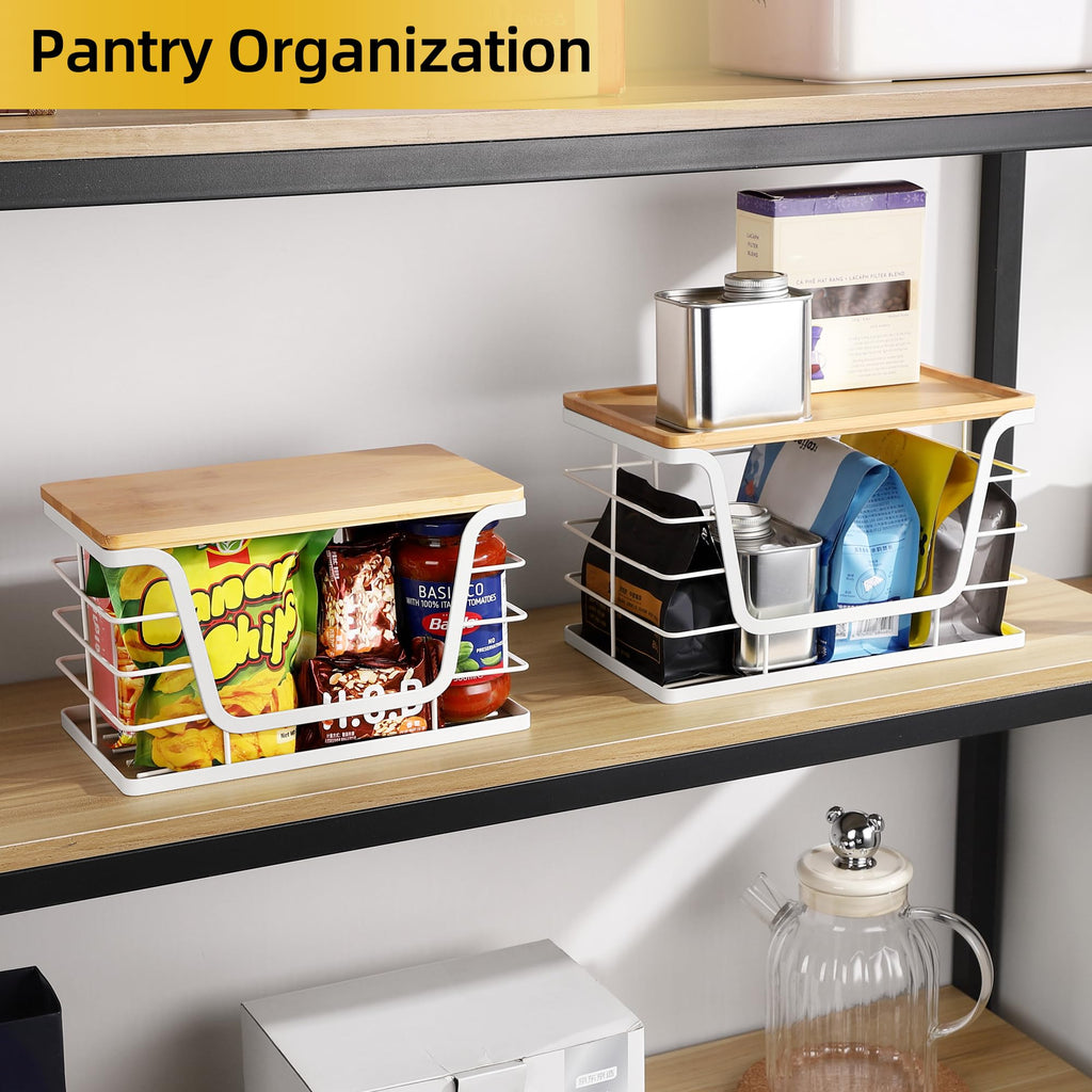 ALOCEO 2 Pack Storage Stackable Kitchen Laundry Organizers with Bamboo Top, Large Trash Bag Holder and Small Garbage Bag Dispenser for Countertop Organization