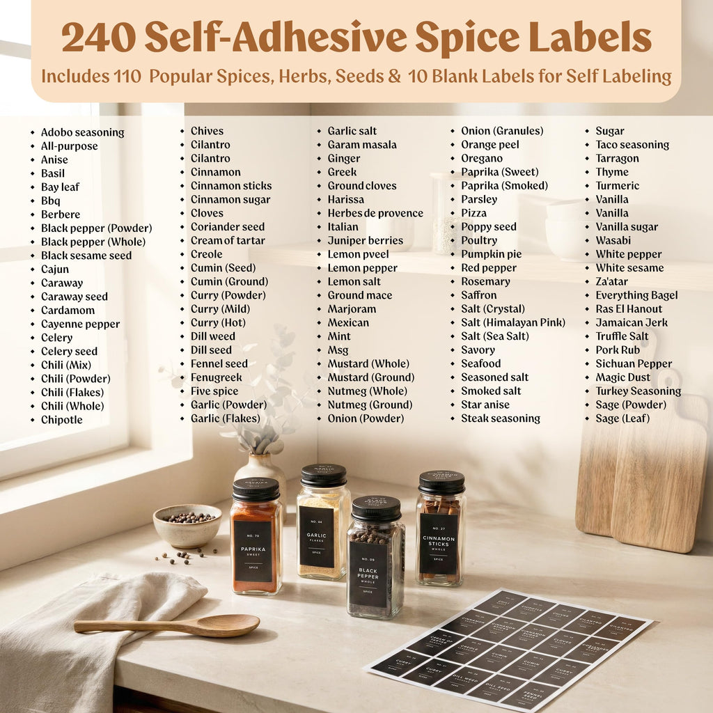 EDELHAUS Glass Spice Jars with Labels (24 x 4oz) Spice Containers with 240 Labels, Shaker Inserts, Funnel, Empty Square Empty Square Seasoning Organizer (Black Lids)