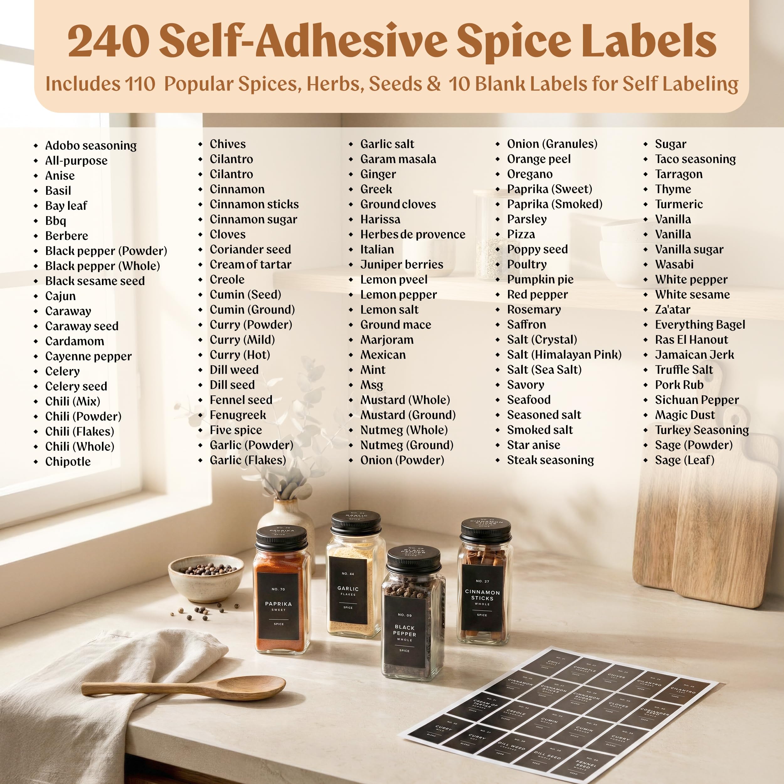 EDELHAUS Glass Spice Jars with Labels (24 x 4oz) Spice Containers with 240 Labels, Shaker Inserts, Funnel, Empty Square Empty Square Seasoning Organizer (Black Lids)