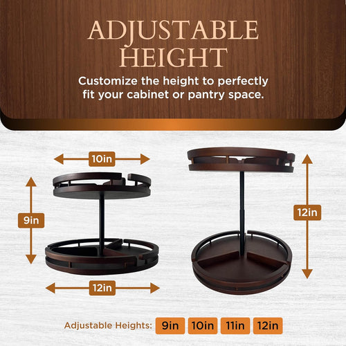2 Tier Lazy Susan Organizer – 12" Bamboo Rotating Spice Rack Organizers with Adjustable Height Turntable for Cabinet, Pantry, Medicine Cabinet, Kitchen, Spinning Bathroom Counter Top Organizers