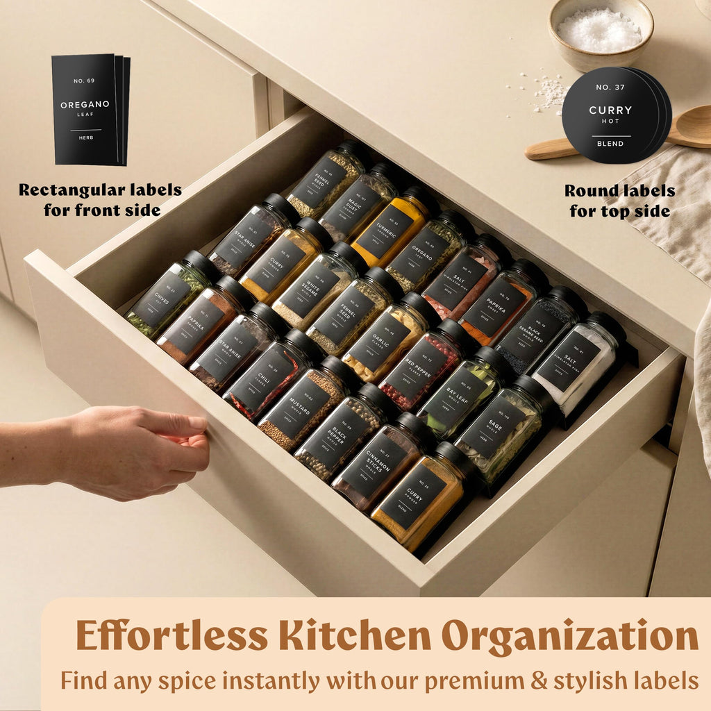 EDELHAUS Glass Spice Jars with Labels (24 x 4oz) Spice Containers with 240 Labels, Shaker Inserts, Funnel, Empty Square Empty Square Seasoning Organizer (Black Lids)