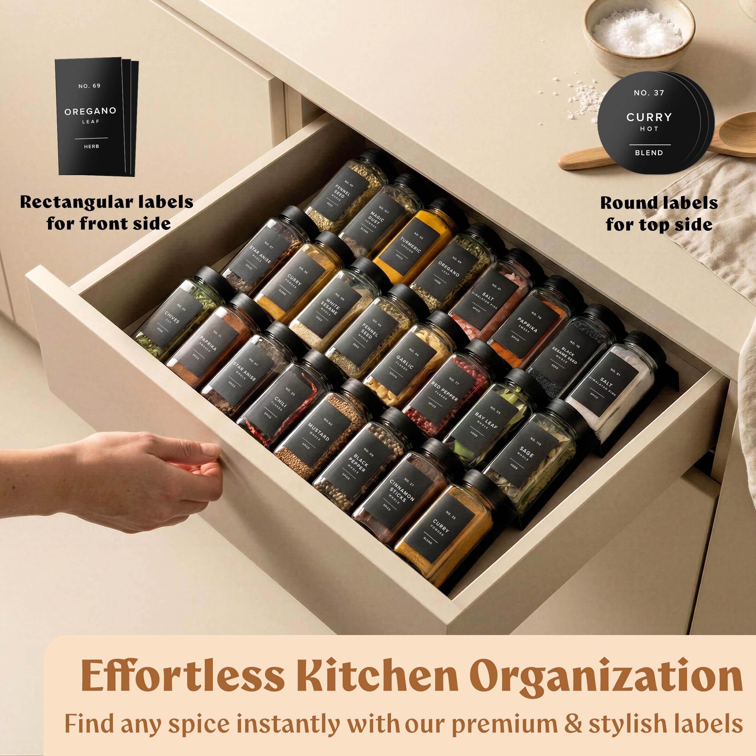 EDELHAUS Glass Spice Jars with Labels (24 x 4oz) Spice Containers with 240 Labels, Shaker Inserts, Funnel, Empty Square Empty Square Seasoning Organizer (Black Lids)