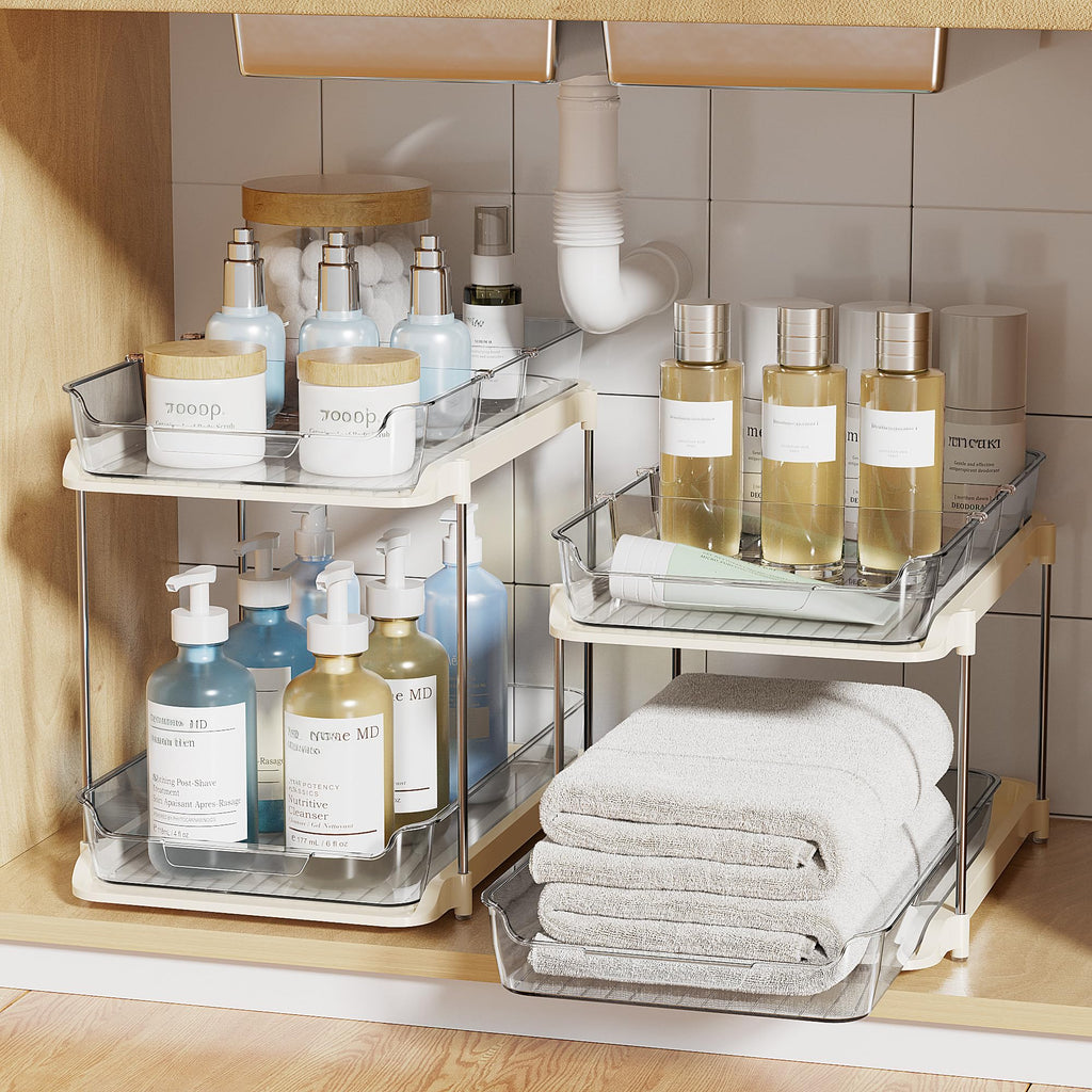 Delamu 2-Tier Multi-Purpose Bathroom Under Sink Organizers and Storage, Stackable Kitchen Pantry Organization, Pull Out Medicine Cabinet Organizer with Movable Dividers, White, 2 Pack