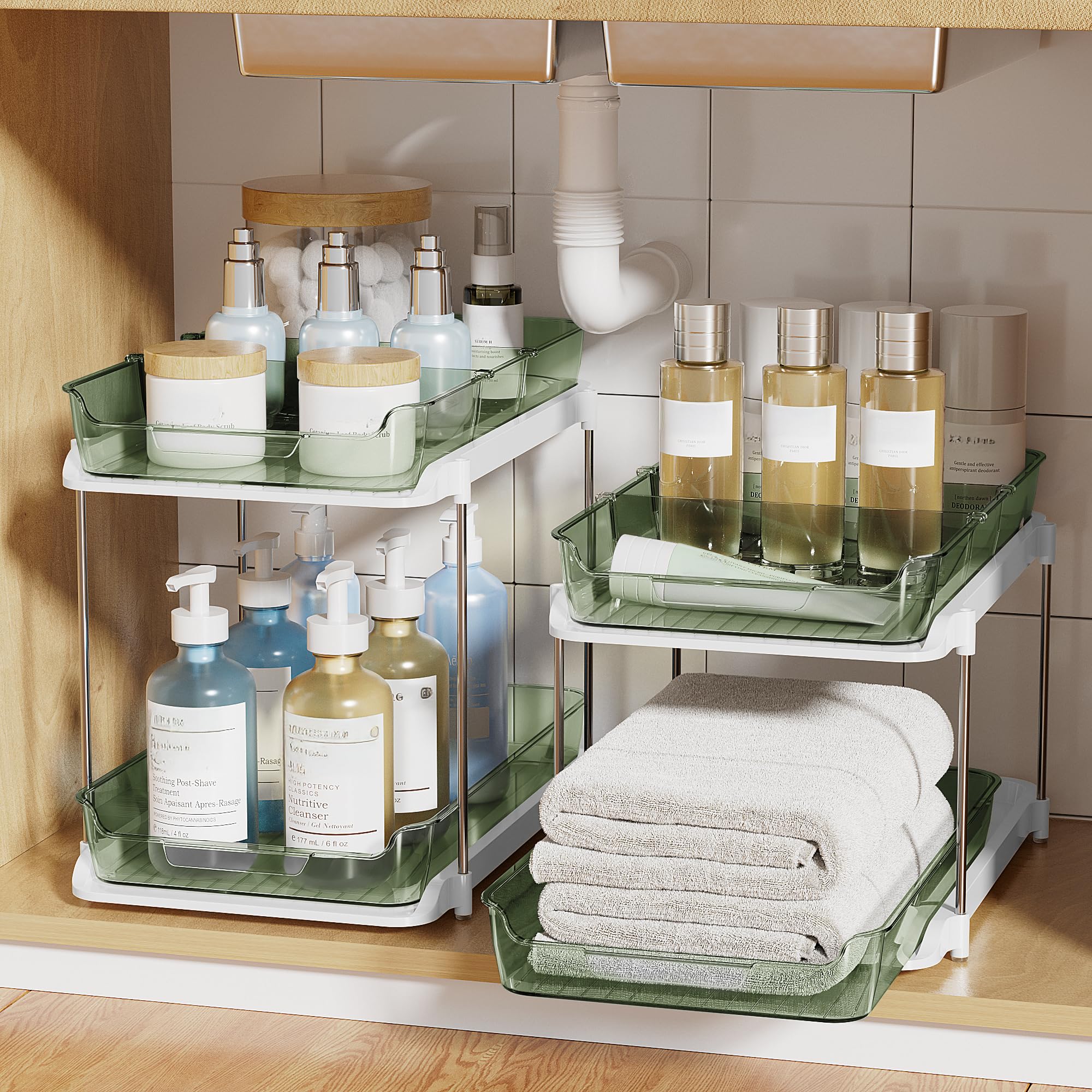 Delamu 2-Tier Multi-Purpose Bathroom Under Sink Organizers and Storage, Stackable Kitchen Pantry Organization, Pull Out Medicine Cabinet Organizer with Movable Dividers, White, 2 Pack