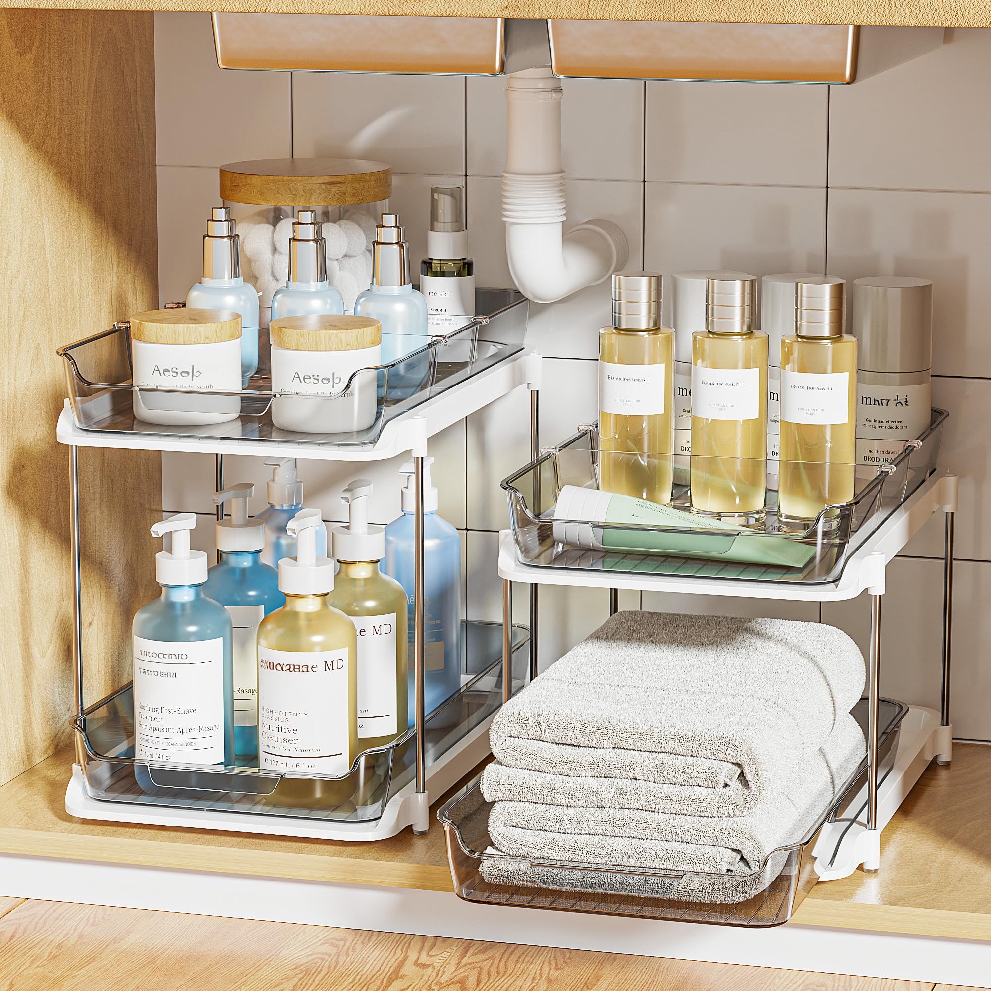 Delamu 2-Tier Multi-Purpose Bathroom Under Sink Organizers and Storage, Stackable Kitchen Pantry Organization, Pull Out Medicine Cabinet Organizer with Movable Dividers, White, 2 Pack
