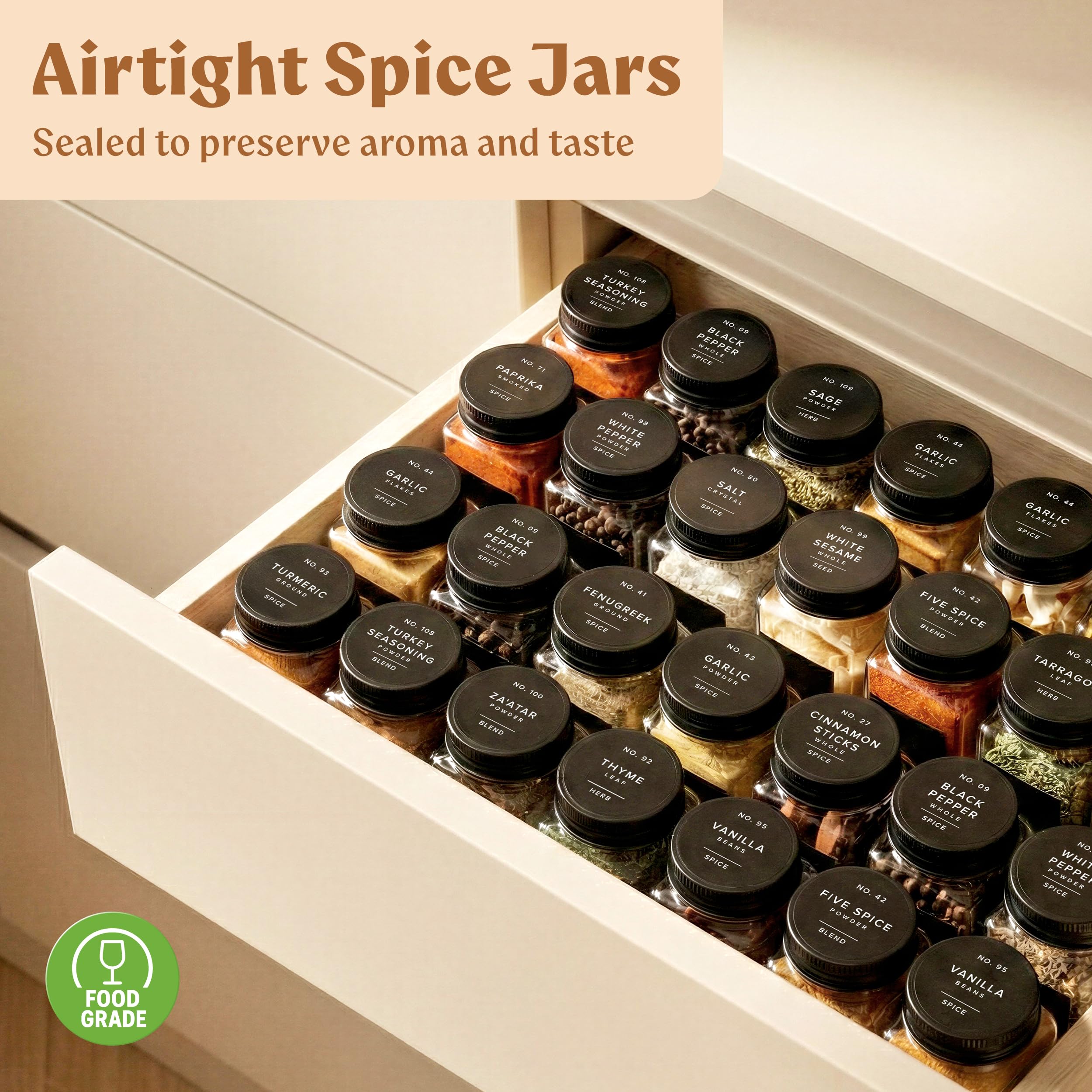EDELHAUS Glass Spice Jars with Labels (24 x 4oz) Spice Containers with 240 Labels, Shaker Inserts, Funnel, Empty Square Empty Square Seasoning Organizer (Black Lids)