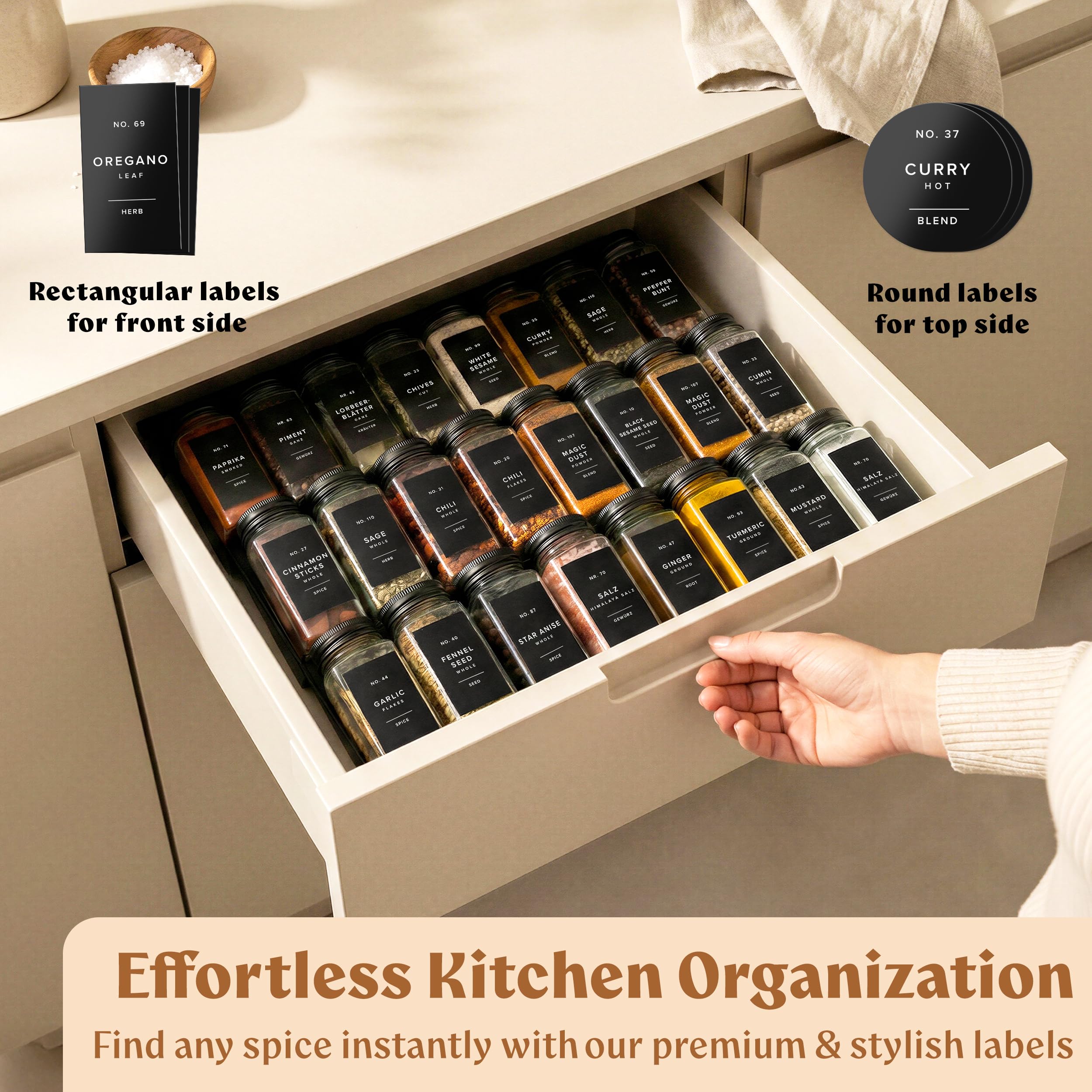 EDELHAUS Glass Spice Jars with Labels (24 x 4oz) Spice Containers with 240 Labels, Shaker Inserts, Funnel, Empty Square Empty Square Seasoning Organizer (Black Lids)