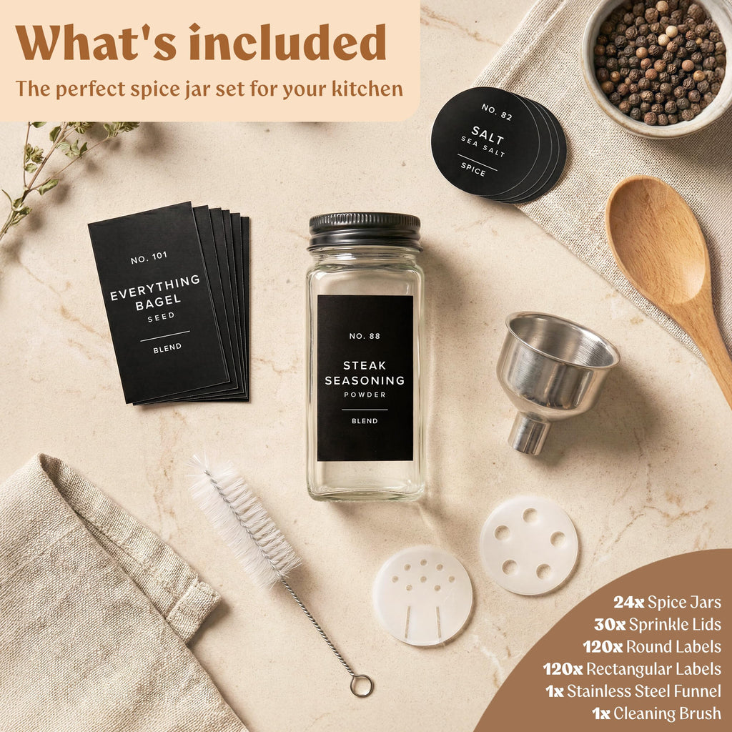 EDELHAUS Glass Spice Jars with Labels (24 x 4oz) Spice Containers with 240 Labels, Shaker Inserts, Funnel, Empty Square Empty Square Seasoning Organizer (Black Lids)